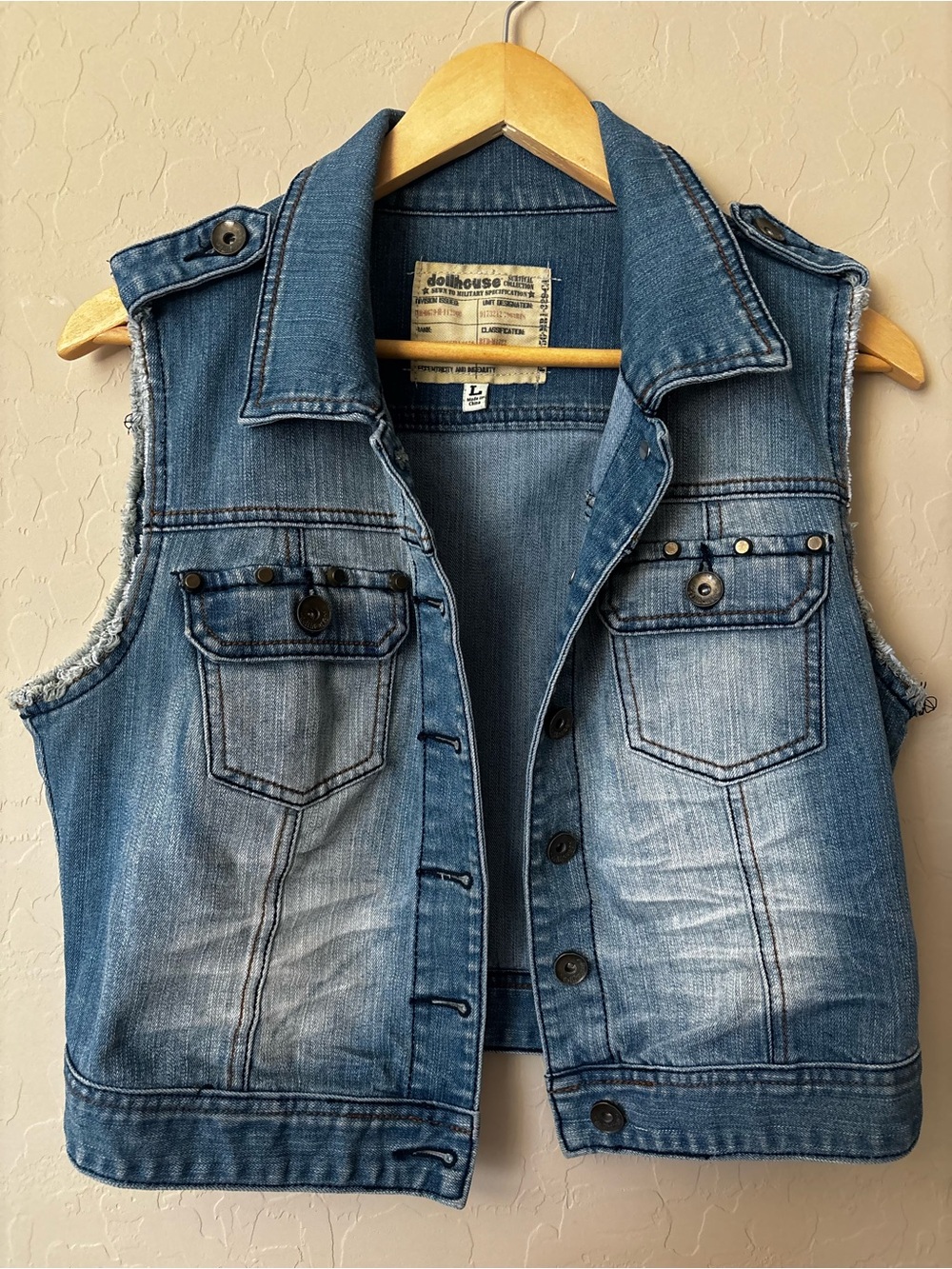VTG Dollhouse Distressed Denim Vest // Size L - Picture 2 of 4
